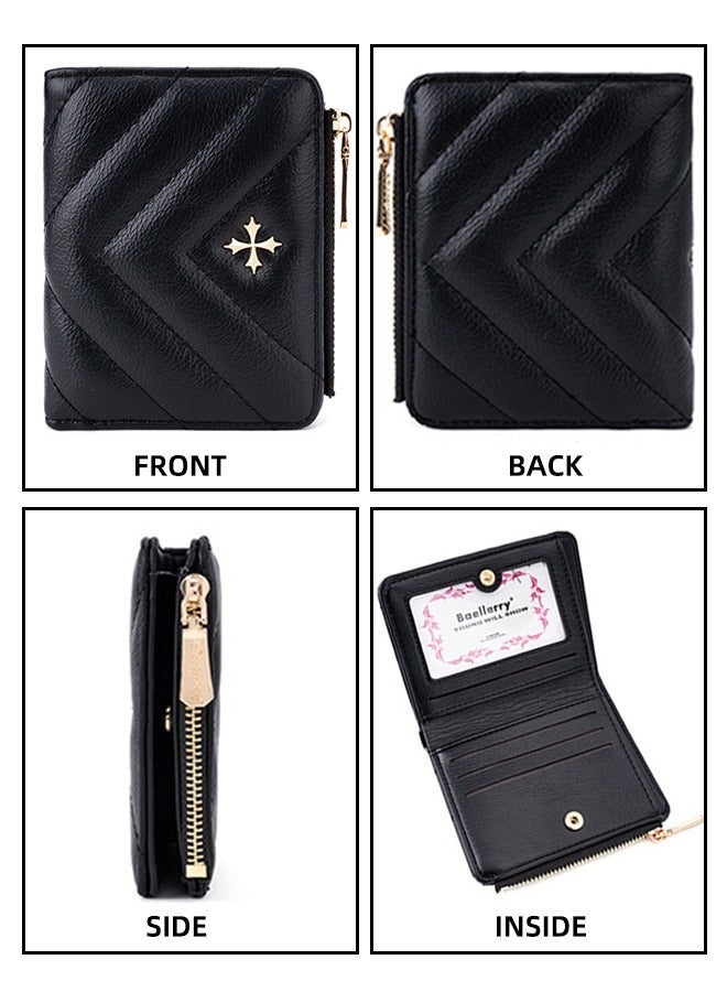 baellerry Women'S Quilted Card Holder - RFID Mini Wallet - Women'S Wallet - Short Wallet - 4 Card Slots + Zipper Main Pocket + 2 Side Zipper Pockets (For Cards, Cash And Coins) (Black) - Image 5